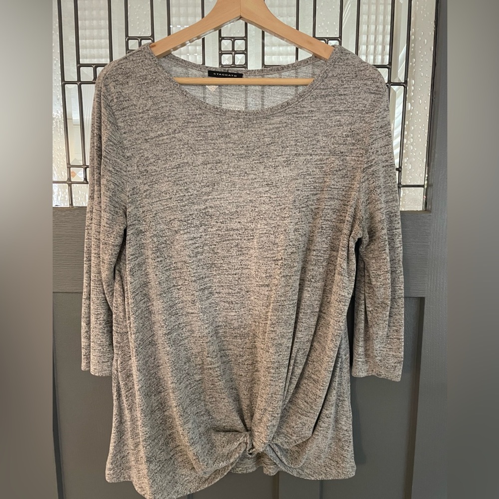 Staccato gray marled knit top, knot front, L